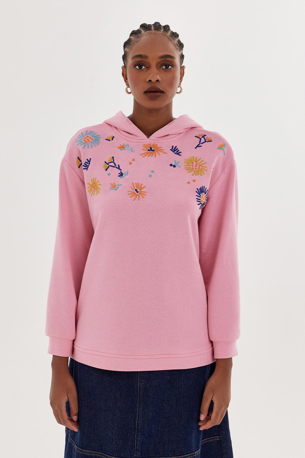 Çiçek Nakışlı Sweatshirt Pembe