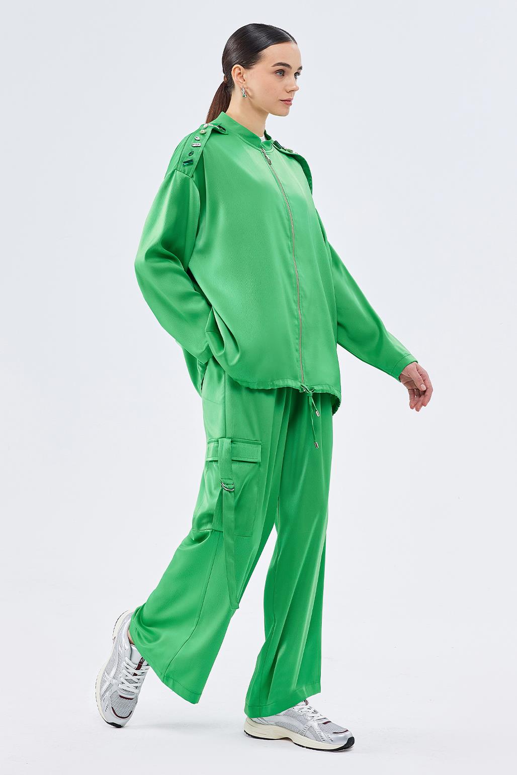 İşlemeli Bomber Bol Pantolon Takım Yeşil