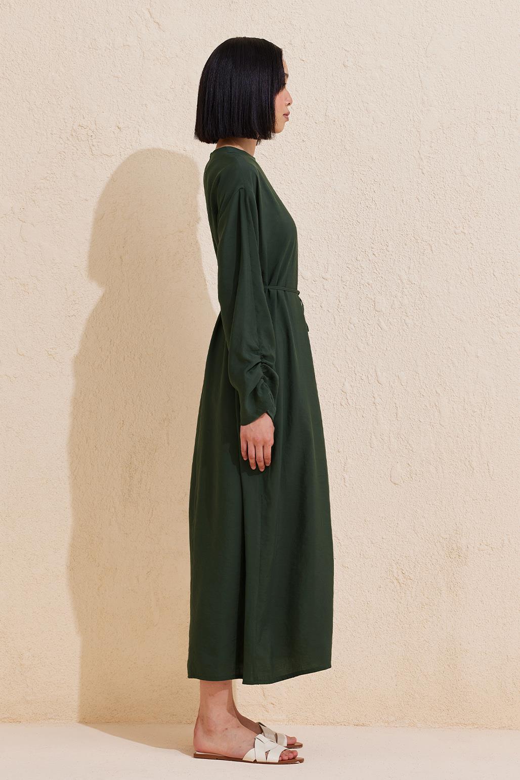 Kol Detaylı Modal Elbise Koyu Yeşil