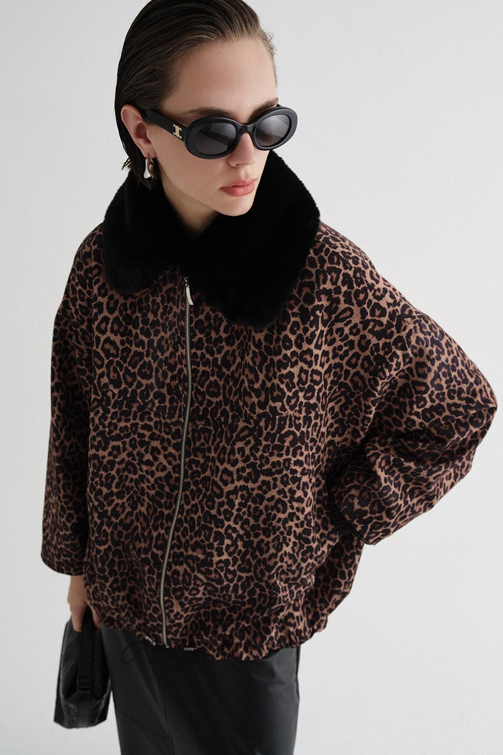 Kürk Yaka Oversize Bomber Ceket Leopar