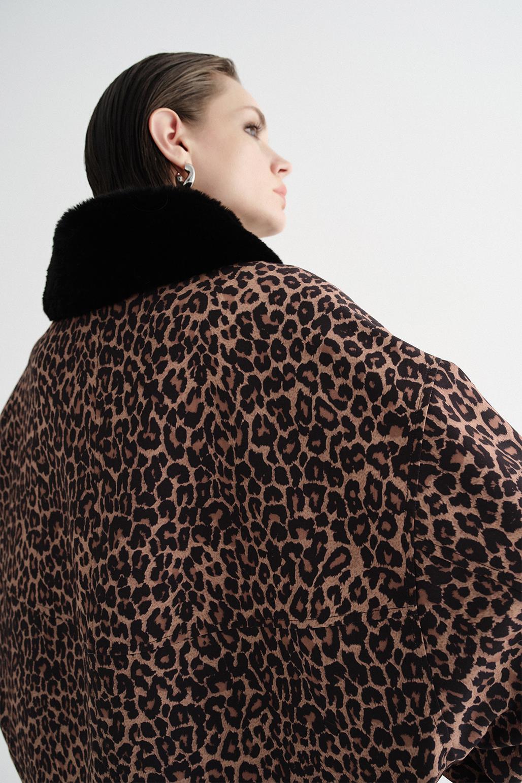 Kürk Yaka Oversize Bomber Ceket Leopar