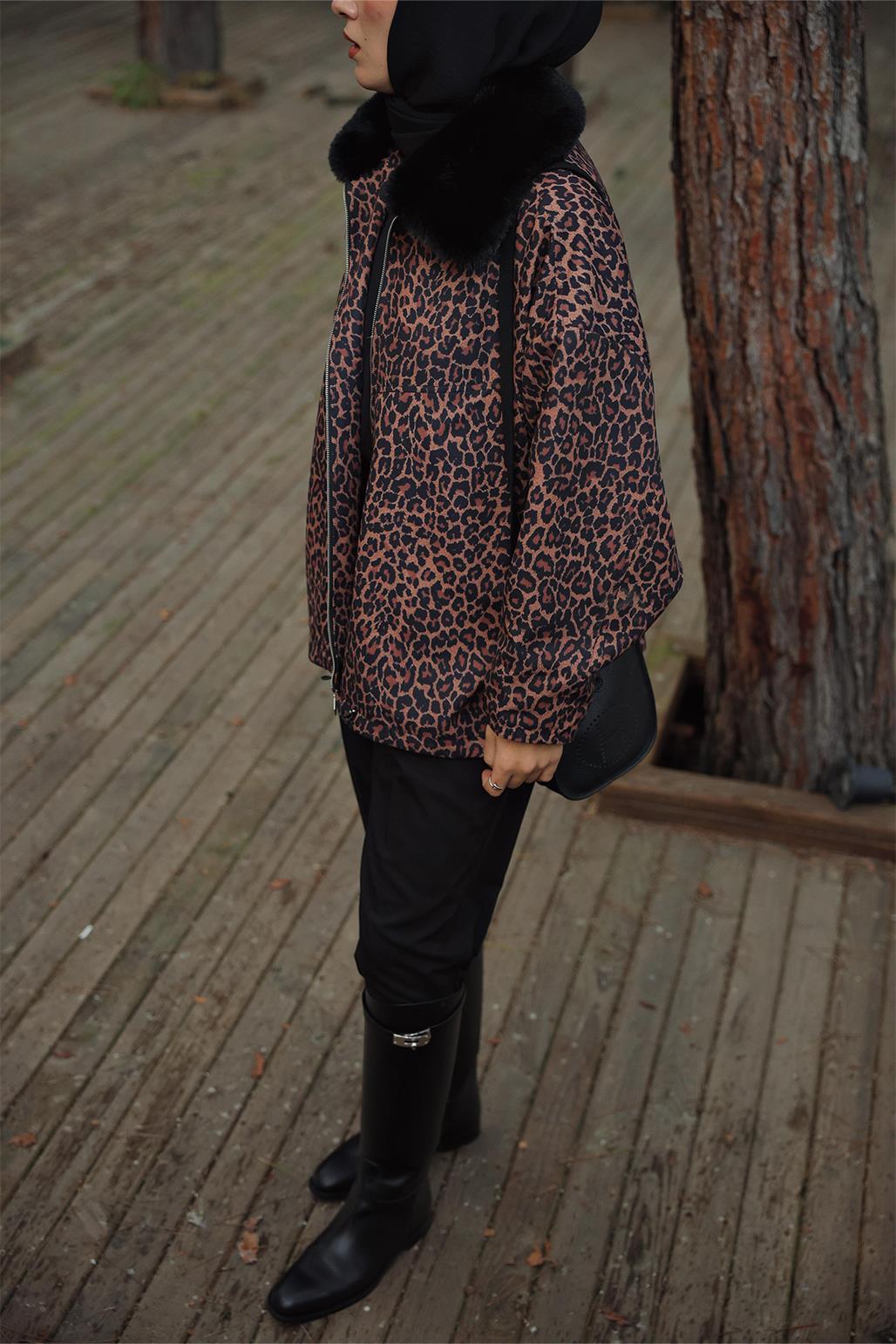 Kürk Yaka Oversize Bomber Ceket Leopar