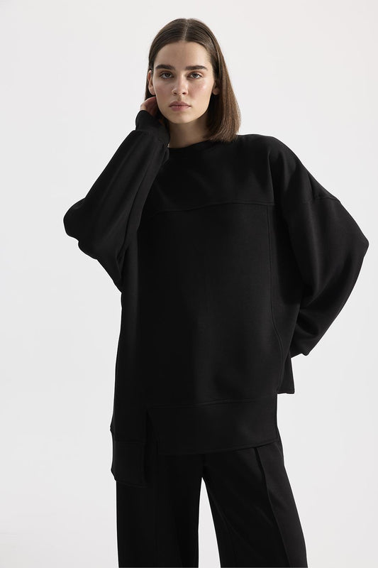 Modal Örme Asimetrik Kesim Sweatshirt Siyah