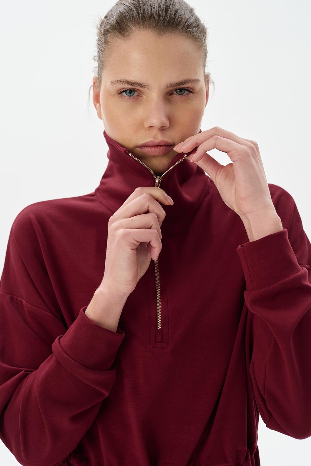 Modal Örme Fermuarlı Sweatshirt Bordo