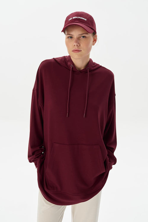 Modal Örme Kapüşonlu Oversize Sweatshirt Bordo