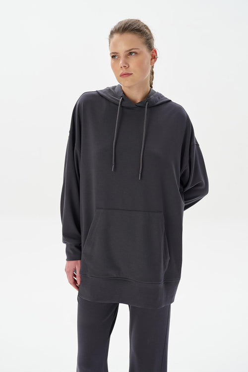 Modal Örme Kapüşonlu Oversize Sweatshirt Füme