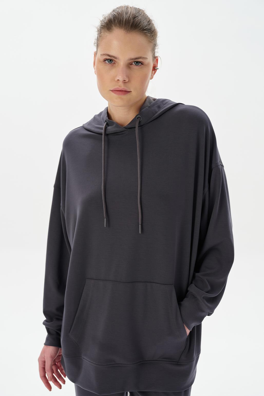 Modal Örme Kapüşonlu Oversize Sweatshirt Füme