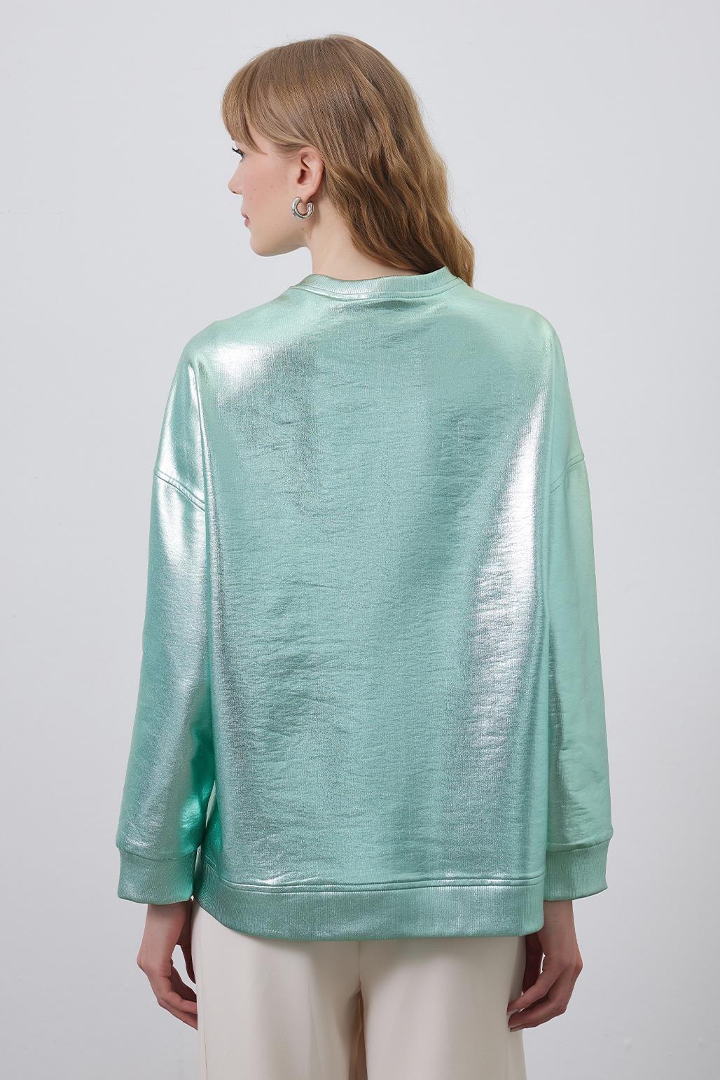 Parlak Basic Sweatshirt Hologram Yeşili