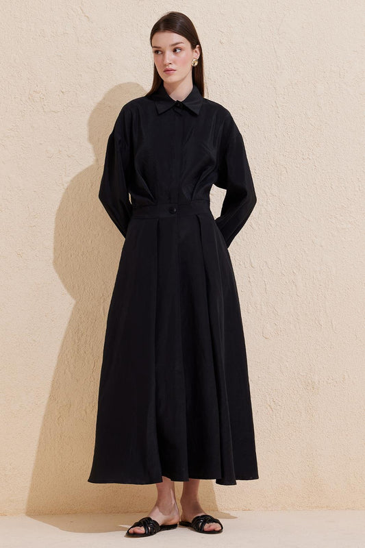 Pileli Uzun Çan Elbise Siyah