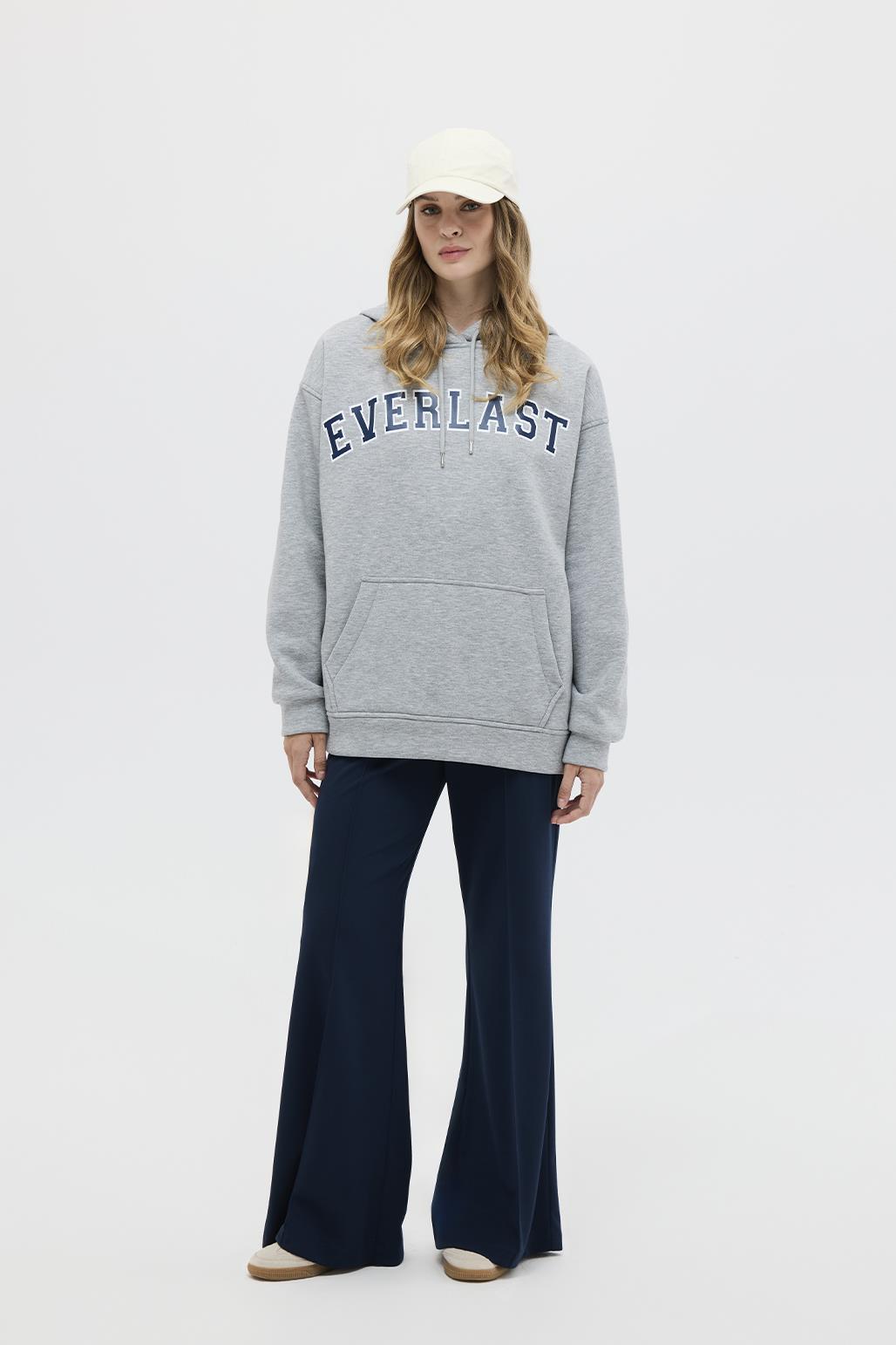 Şardonlu Baskılı Oversize Sweatshirt Gri