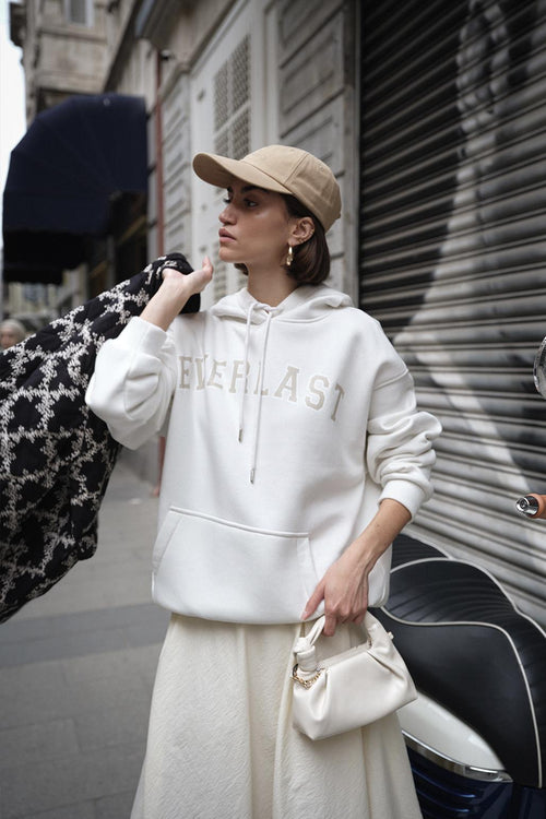 Şardonlu Baskılı Oversize Sweatshirt Beyaz