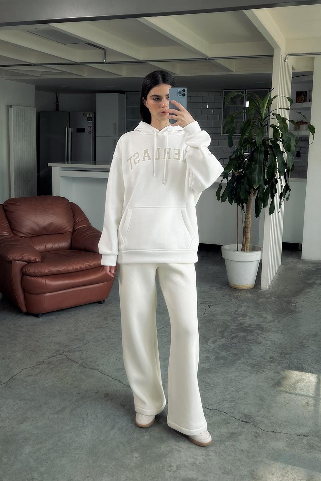 Şardonlu Baskılı Oversize Sweatshirt Beyaz