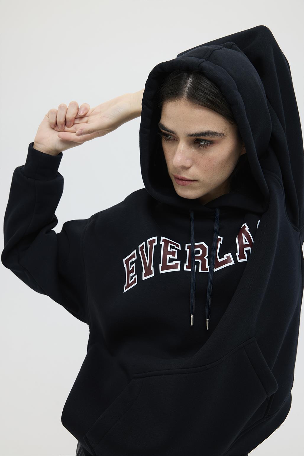 Şardonlu Baskılı Oversize Sweatshirt Lacivert