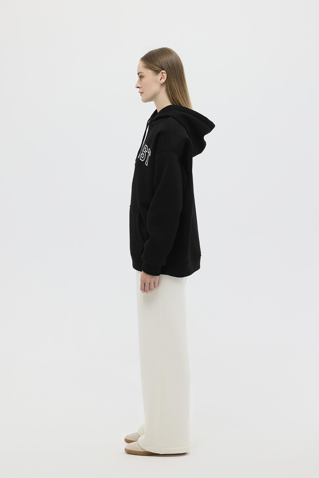 Şardonlu Baskılı Oversize Sweatshirt Siyah