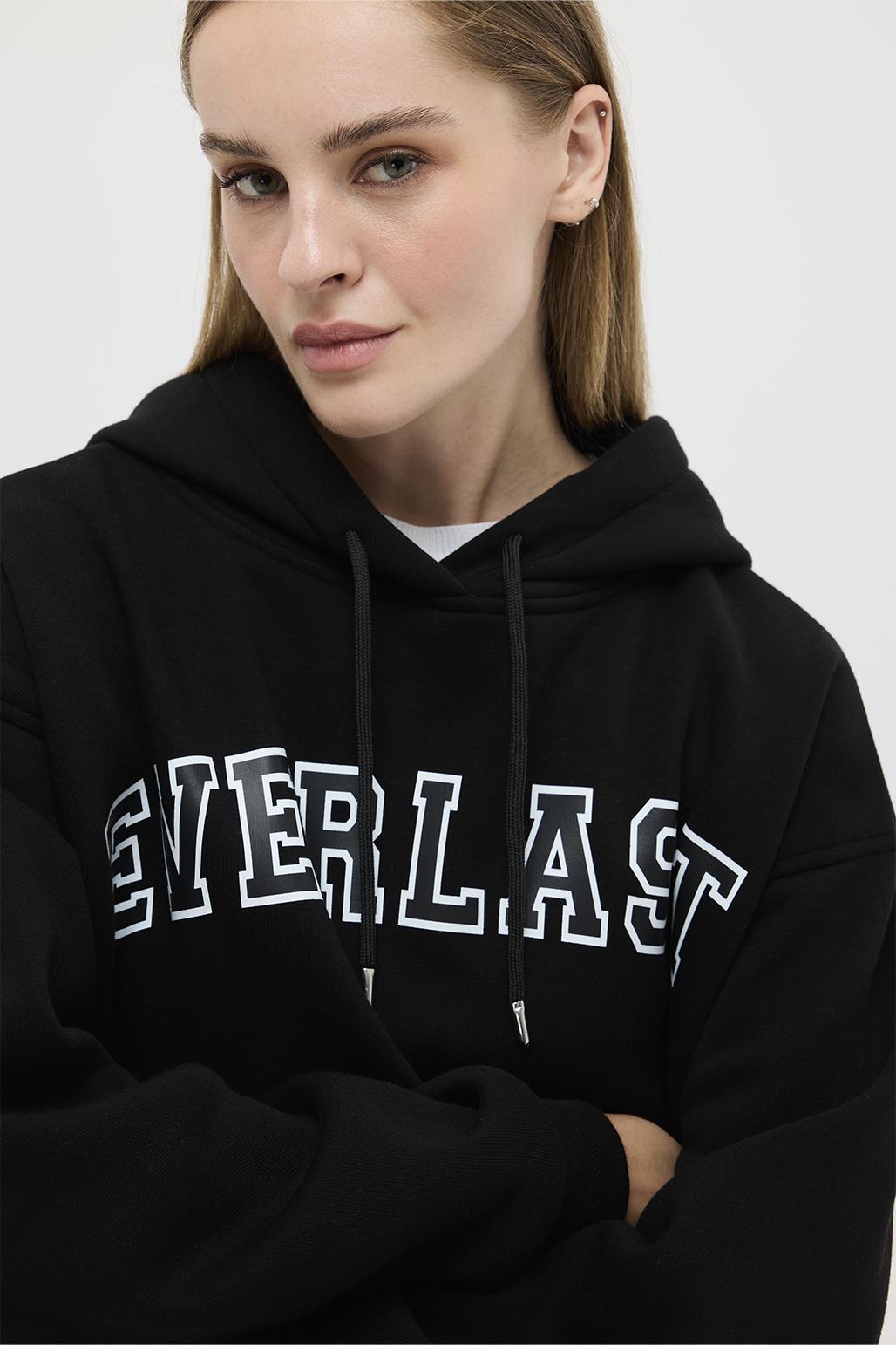 Şardonlu Baskılı Oversize Sweatshirt Siyah