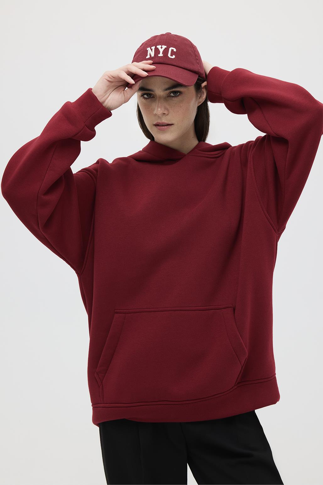 Şardonlu Kapüşonlu Sweatshirt Bordo