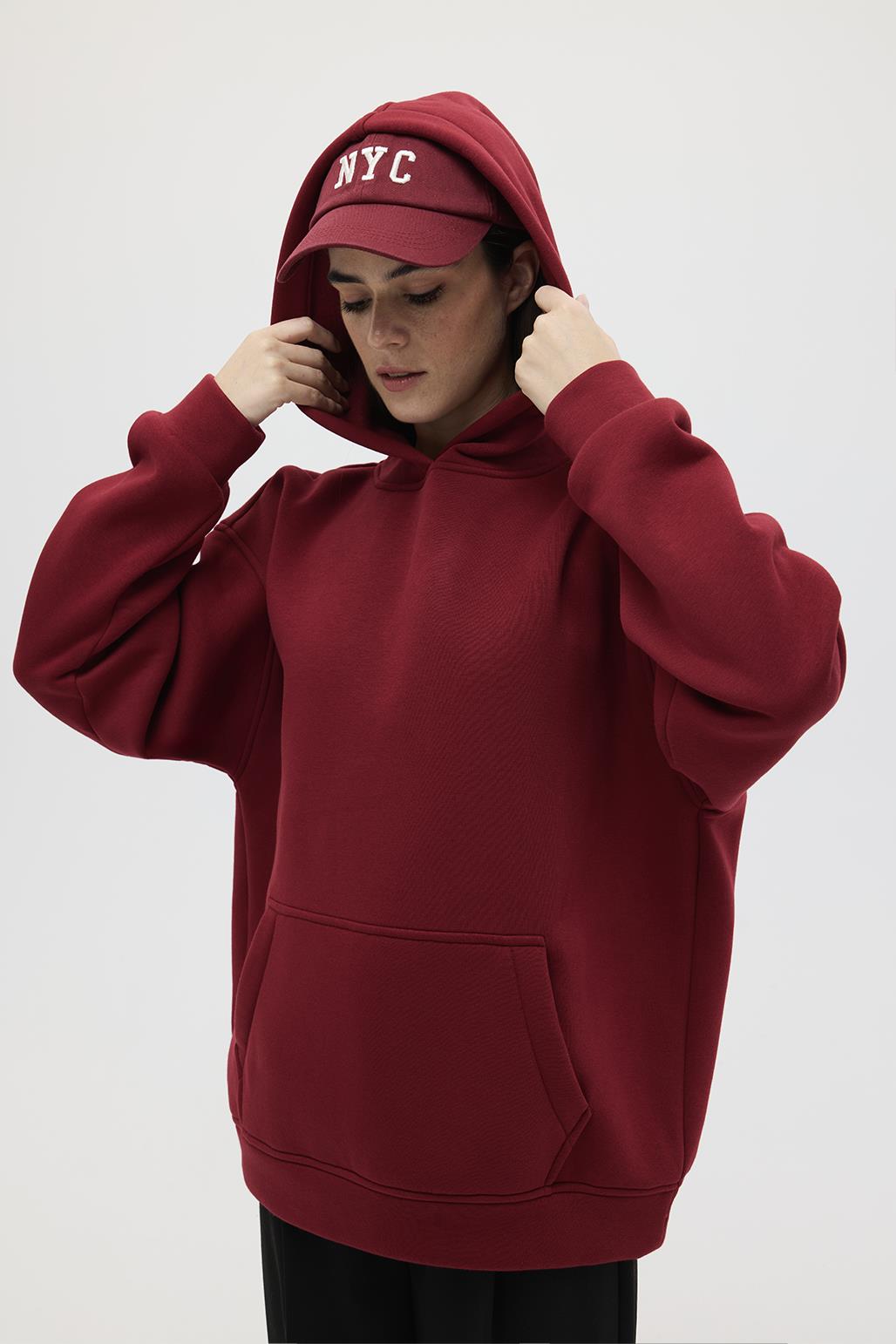 Şardonlu Kapüşonlu Sweatshirt Bordo