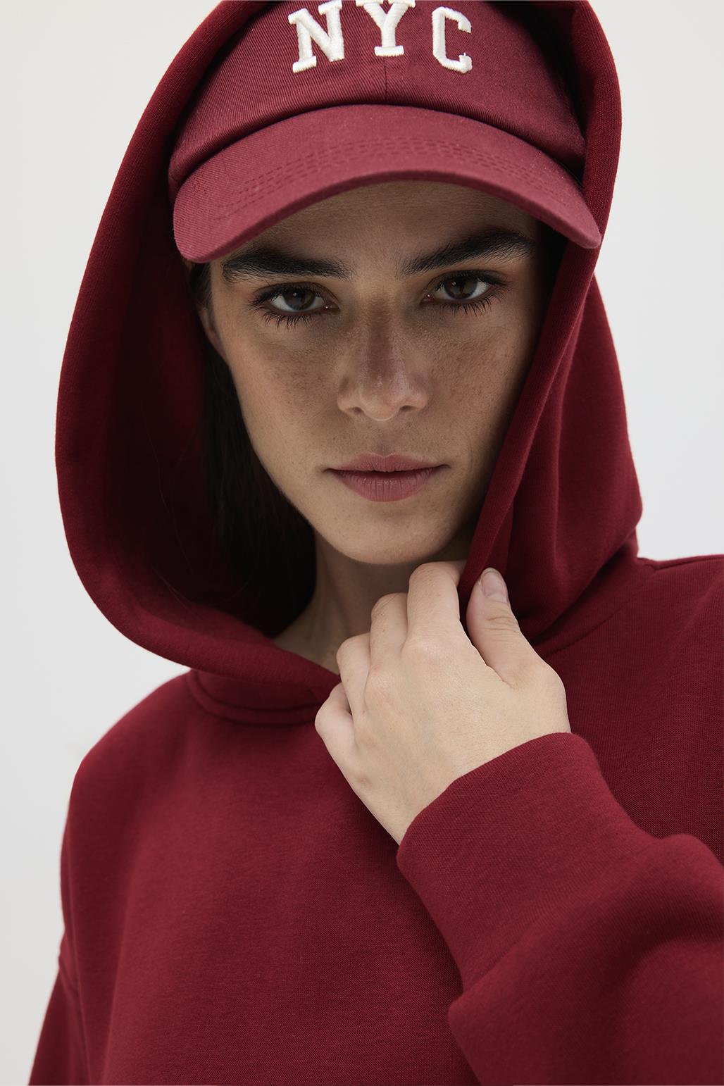 Şardonlu Kapüşonlu Sweatshirt Bordo