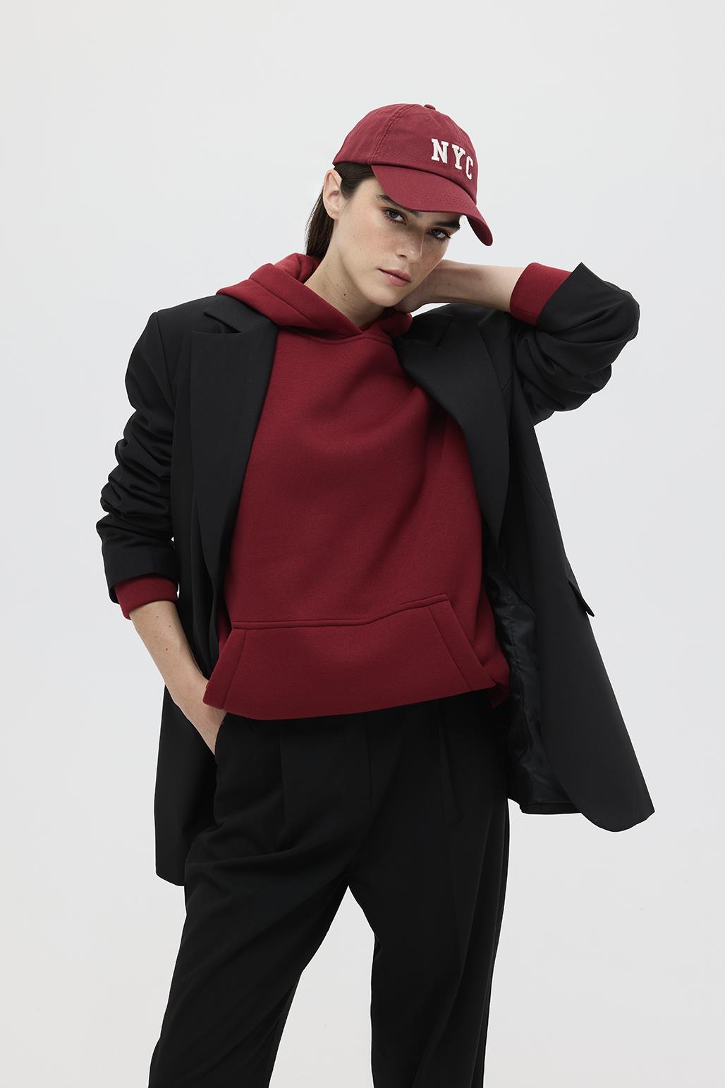 Şardonlu Kapüşonlu Sweatshirt Bordo