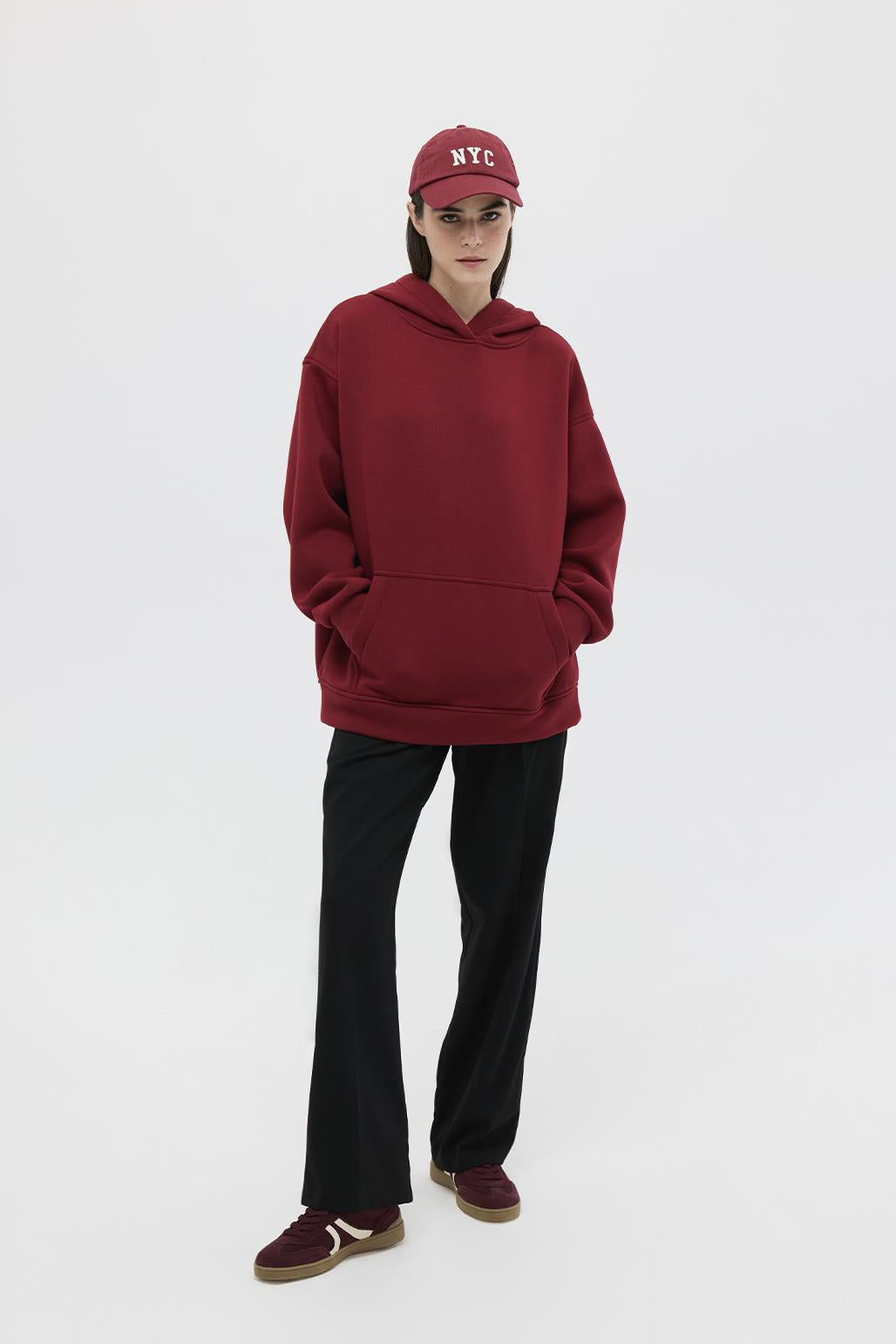 Şardonlu Kapüşonlu Sweatshirt Bordo