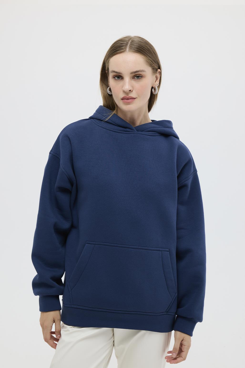 Şardonlu Kapüşonlu Sweatshirt Mavi