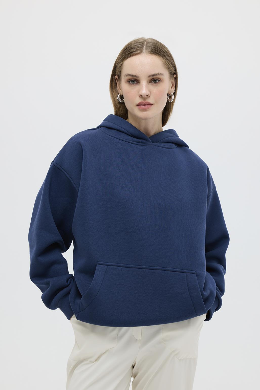 Şardonlu Kapüşonlu Sweatshirt Mavi