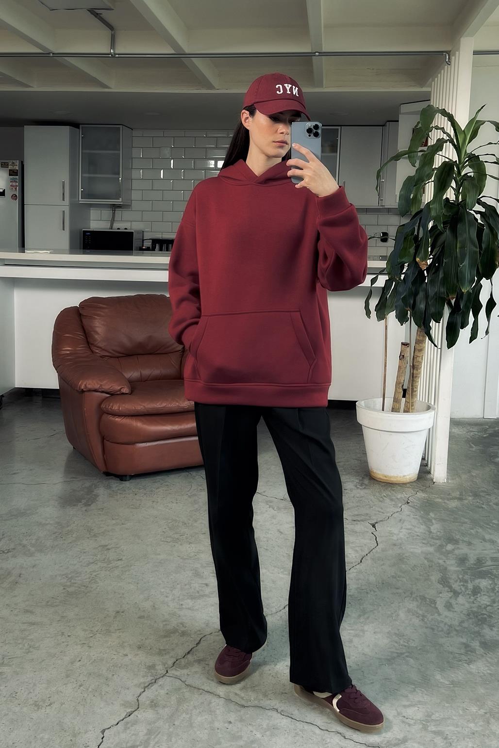 Şardonlu Kapüşonlu Sweatshirt Bordo