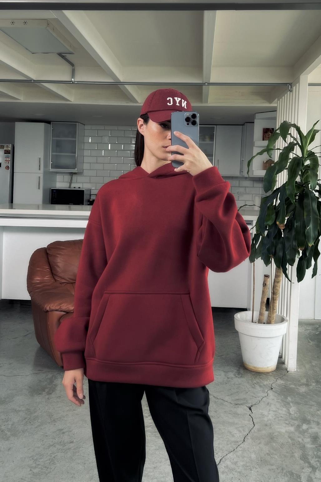 Şardonlu Kapüşonlu Sweatshirt Bordo