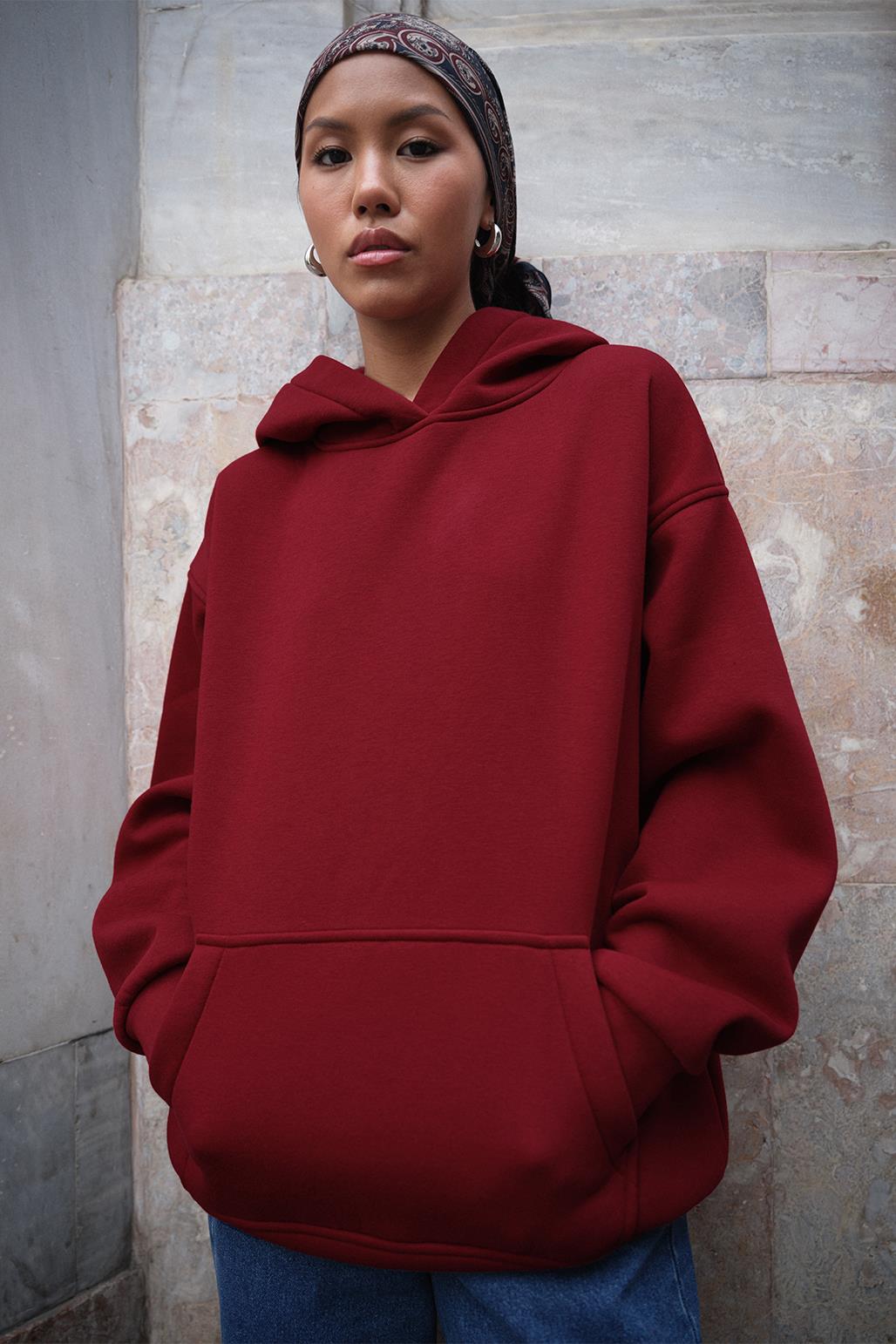 Şardonlu Kapüşonlu Sweatshirt Bordo