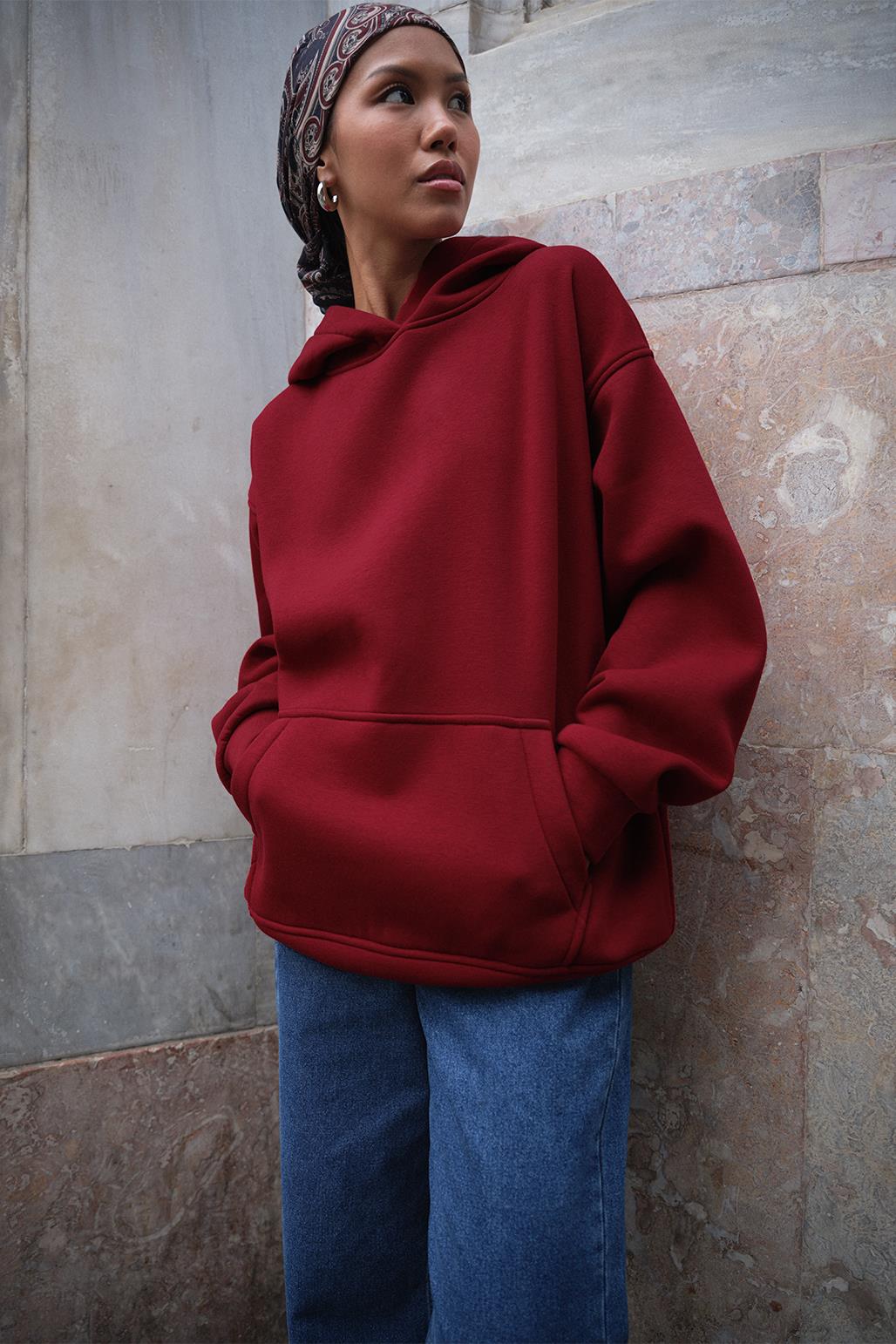 Şardonlu Kapüşonlu Sweatshirt Bordo