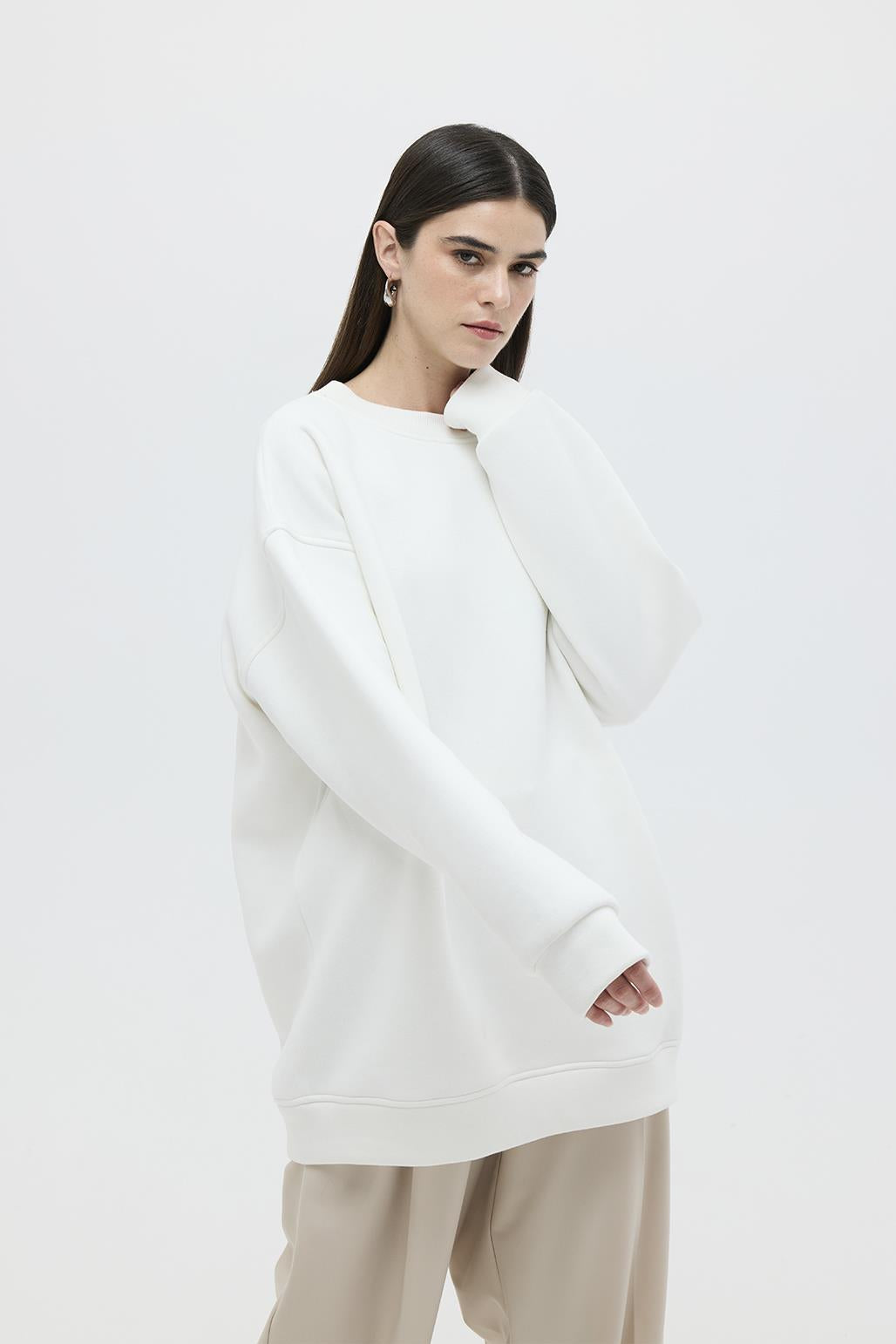 Şardonlu Oversize Sweatshirt Ekru