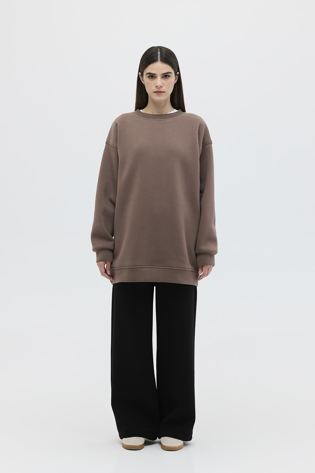 Şardonlu Oversize Sweatshirt Kahve