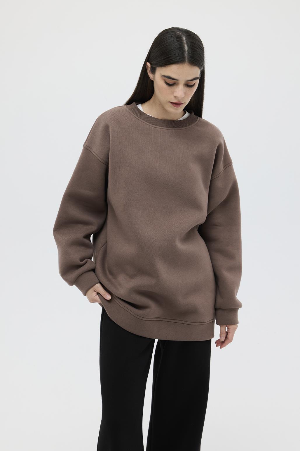 Şardonlu Oversize Sweatshirt Kahve