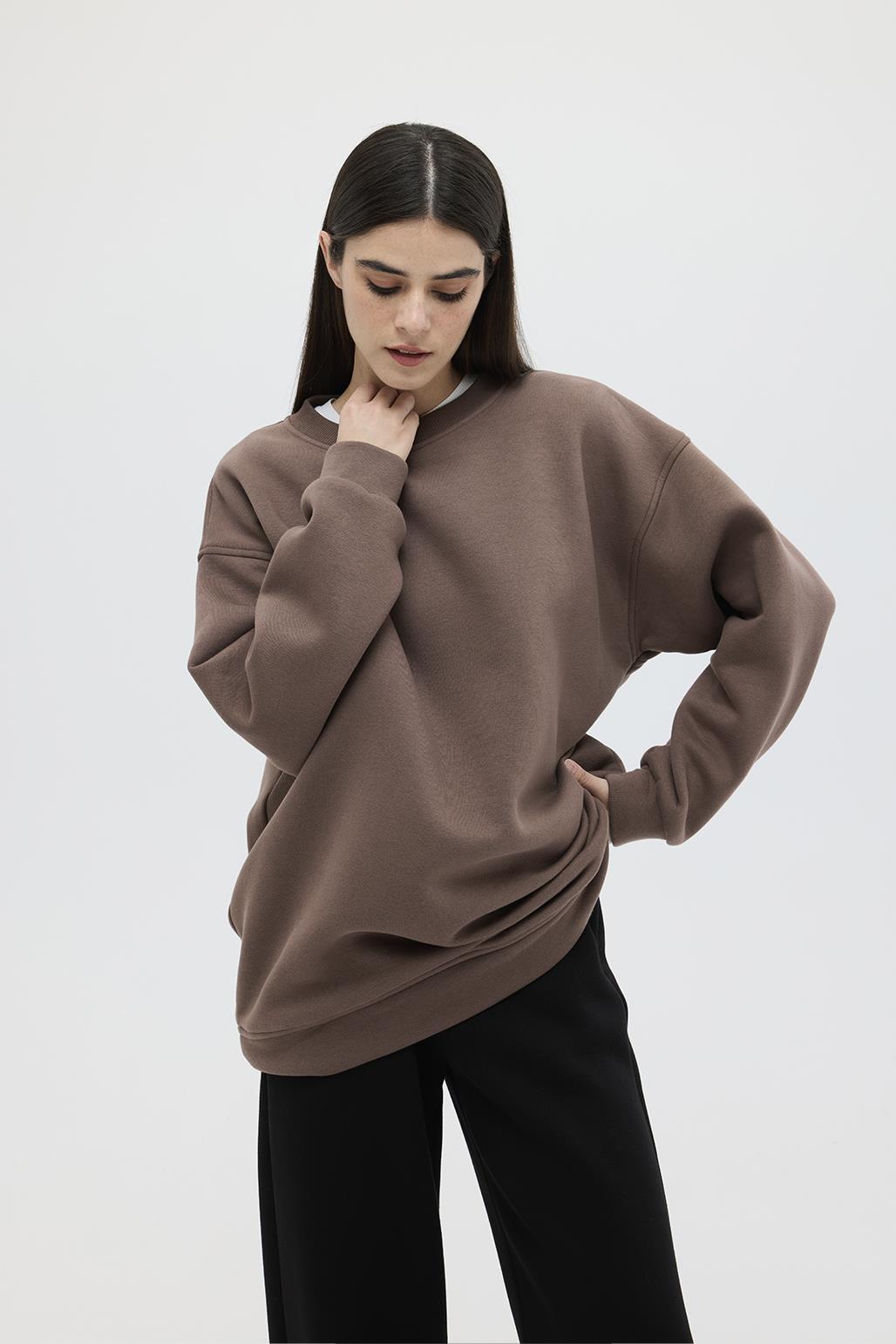 Şardonlu Oversize Sweatshirt Kahve