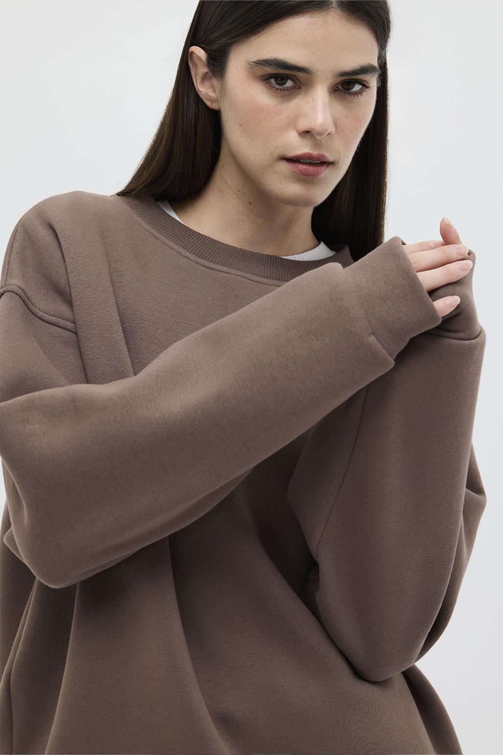 Şardonlu Oversize Sweatshirt Kahve