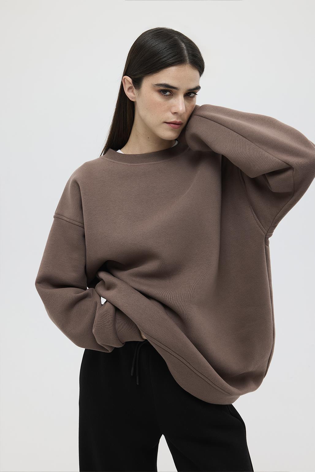 Şardonlu Oversize Sweatshirt Kahve