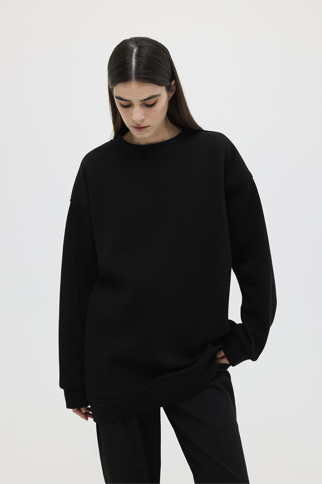 Şardonlu Oversize Sweatshirt Siyah