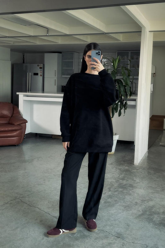 Şardonlu Oversize Sweatshirt Siyah