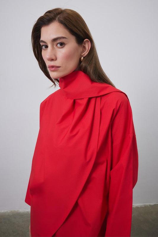 Sofia Poplin Fularlı Gömlek Kırmızı